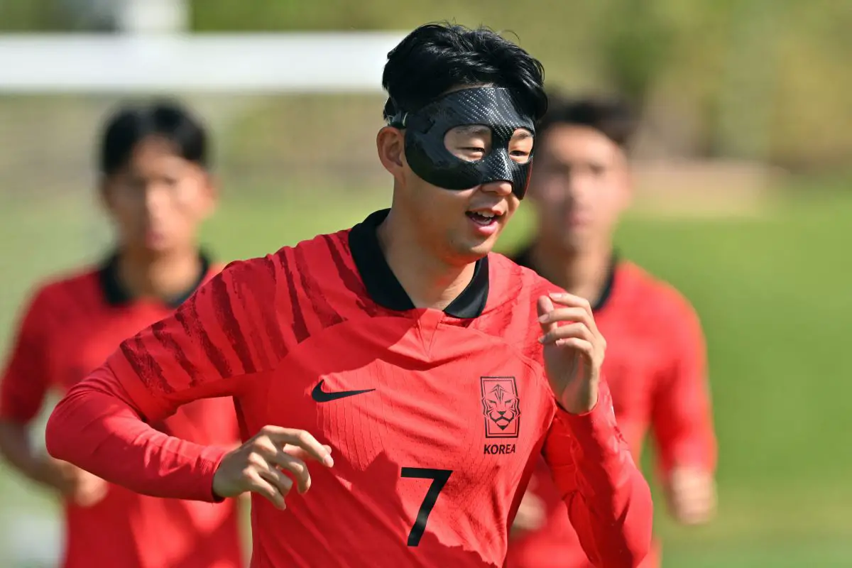 Son Heung-min pictured wearing protective mask during national team training.  (Photo by JUNG YEON-JE/AFP via Getty Images)
