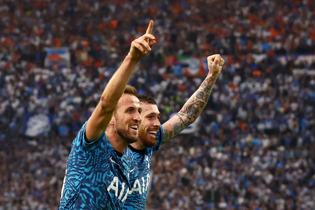 Pierre-Emile Hojbjerg celebrates with Harry Kane of Tottenham Hotspur after scoring their team's second goal during the UEFA Champions League group D match between Olympique Marseille and Tottenham Hotspur at Orange Velodrome on November 01, 2022 in Marseille, France