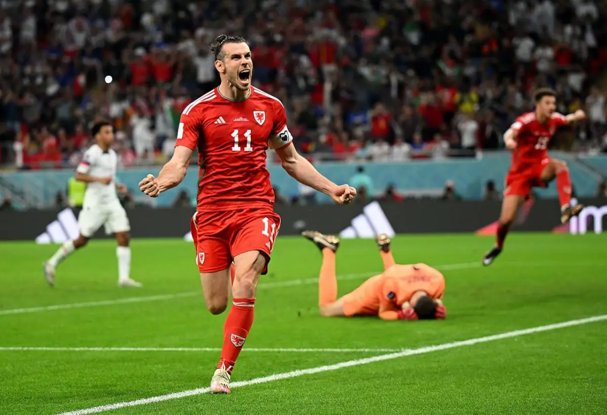 Gareth Bale celebrates after scoring for Wales against USMNT at the FIFA World Cup 2022.