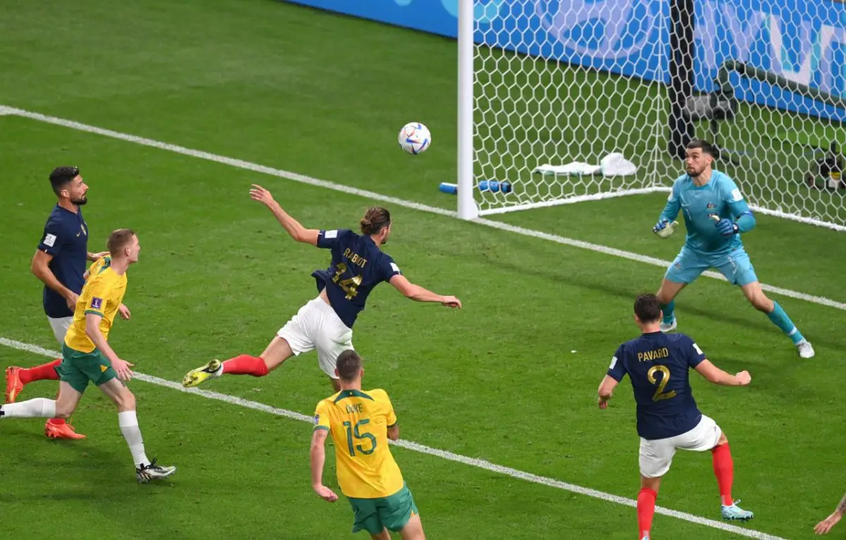 France midfielder Adrien Rabiot scores the equaliser against Australia. 