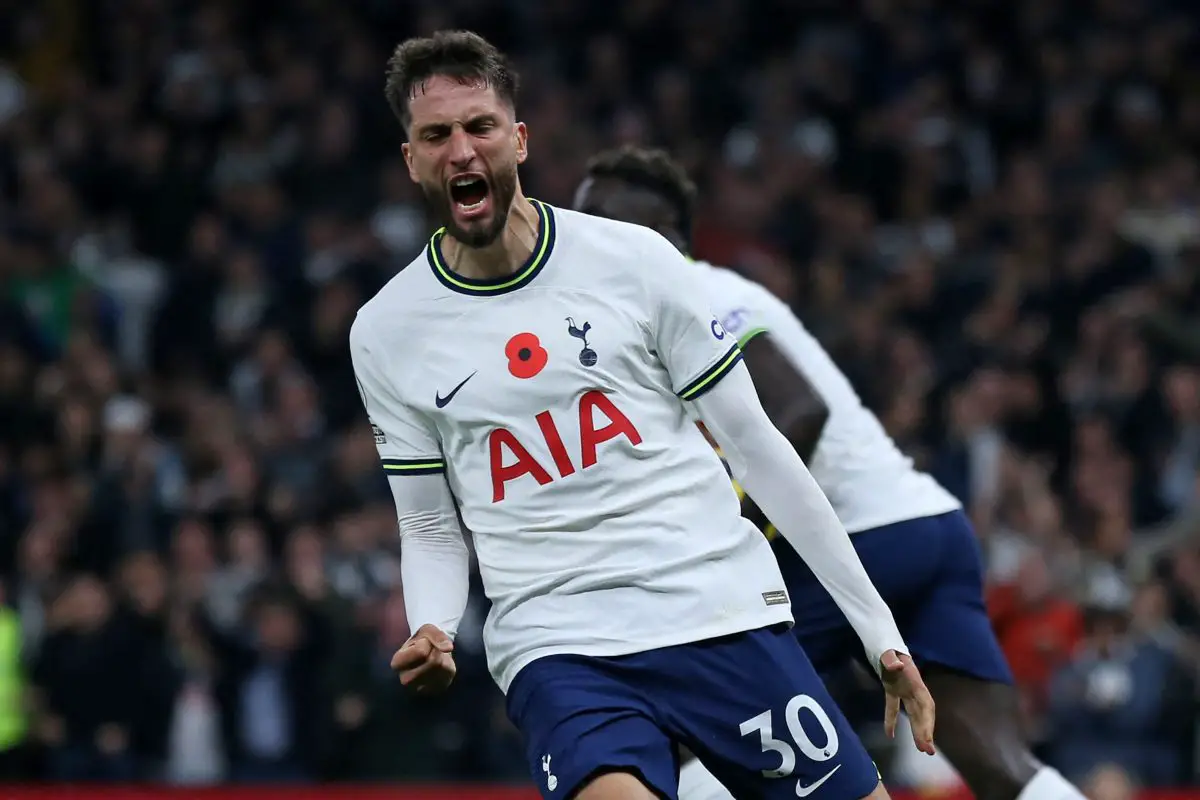 Tottenham Hotspur's Uruguayan midfielder Rodrigo Bentancur celebrates scoring his team's third goal during the English Premier League football match between Tottenham Hotspur and Leeds United at the Tottenham Hotspur Stadium in London, on November 12, 2022