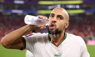 Sofyan Amrabat of Morocco has a drink prior to the FIFA World Cup Qatar 2022 Group F match between Canada and Morocco at Al Thumama Stadium on December 01, 2022 in Doha, Qatar. (Photo by Catherine Ivill/Getty Images)