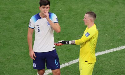England's Harry Maguire with Jordan Pickford. (Photo by JACK GUEZ/AFP via Getty Images)