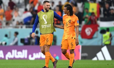 Stefan De Vrij and Nathan Ake of Netherlands celebrate after beating Senegal.