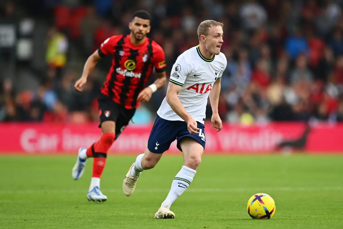 Oliver Skipp of Tottenham Hotspur runs with the ball during the Premier League match between AFC Bournemouth and Tottenham Hotspur at Vitality Stadium on October 29, 2022 in Bournemouth, England. (Photo by Dan Mullan/Getty Images)