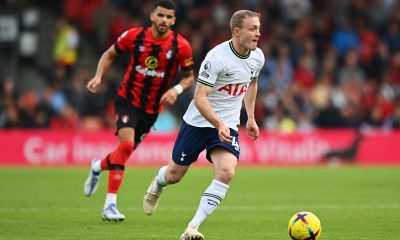 Oliver Skipp of Tottenham Hotspur runs with the ball during the Premier League match between AFC Bournemouth and Tottenham Hotspur at Vitality Stadium on October 29, 2022 in Bournemouth, England. (Photo by Dan Mullan/Getty Images)