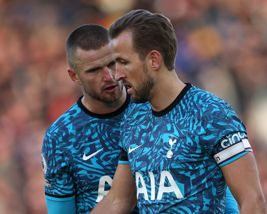 Eric Dier and Harry Kane of Tottenham Hotspur against Brentford. (Photo by Eddie Keogh/Getty Images)