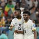 Mohammed Kudus celebrates scoring for Ghana with Inaki Williams.
