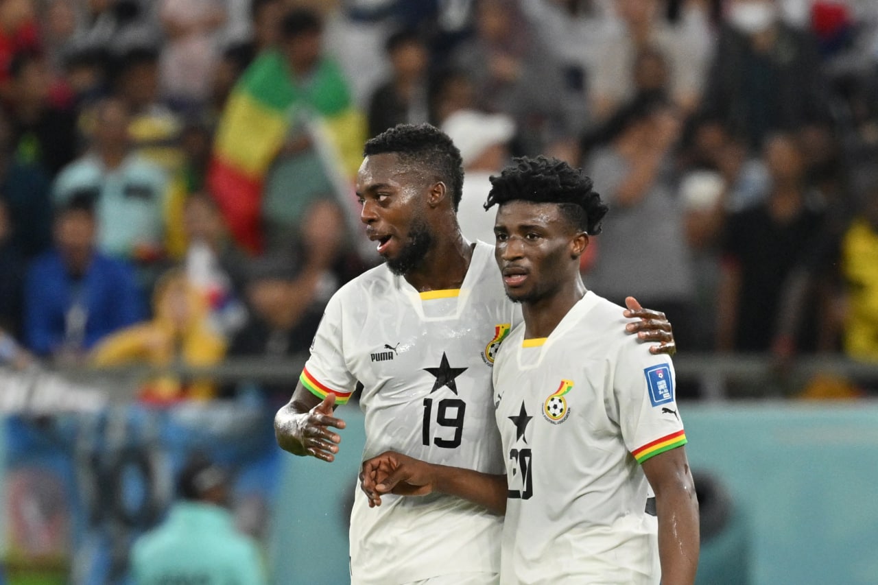Mohammed Kudus celebrates scoring for Ghana with Inaki Williams.