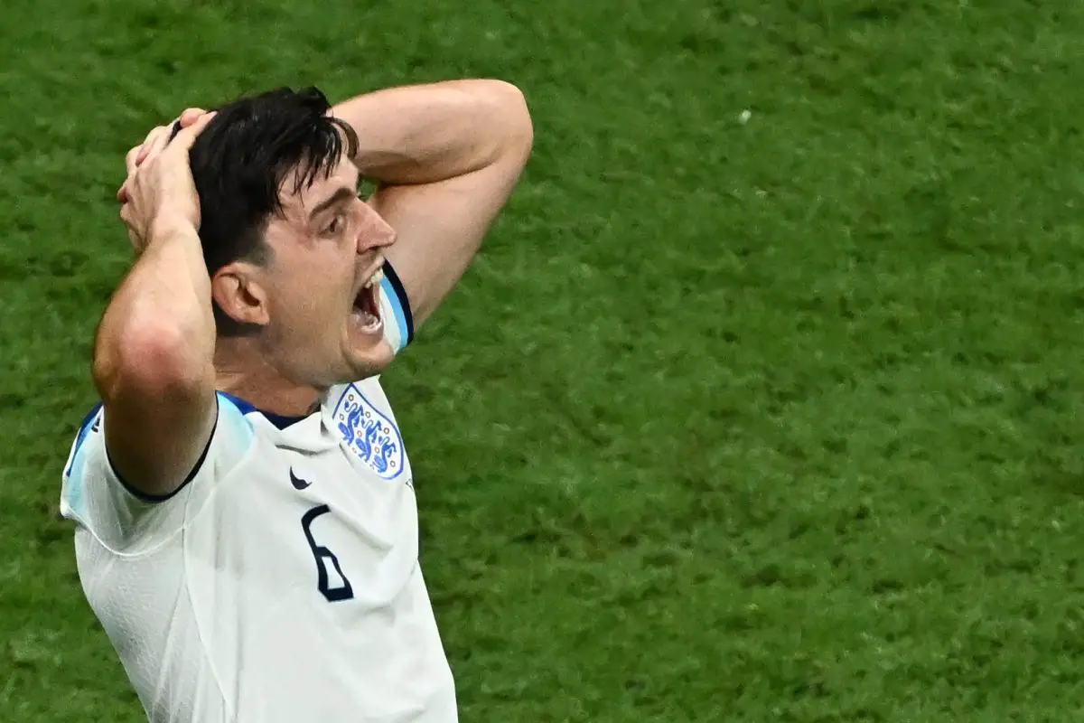 Harry Maguire reacts during a World Cup match against France. 