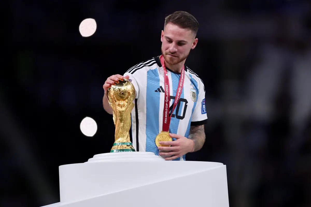 Alexis Mac Allister of Argentina touches the FIFA World Cup. 