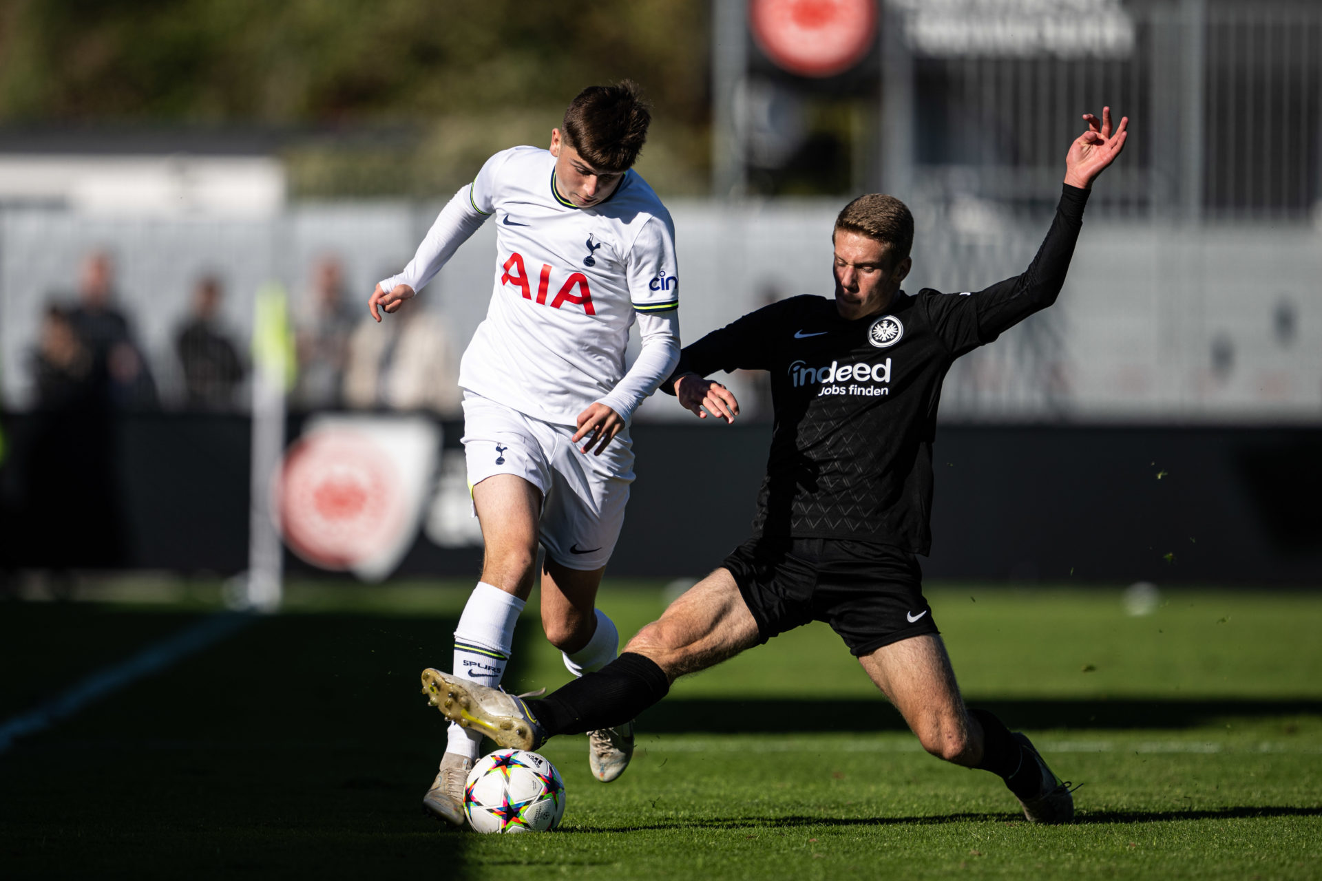 Mikey Moore (L) of Tottenham challenges for the ball with Elisa Niklas Baum of Frankfurt during the UEFA Youth League match. (Photo by Tottenham Hotspur FC/Tottenham Hotspur FC via Getty Images)