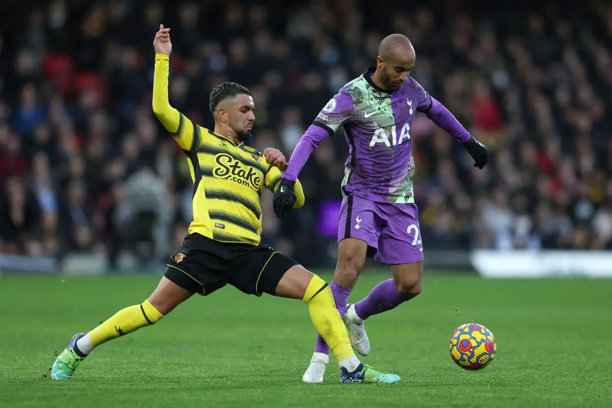 Imrân Louza of Watford tackles Lucas Moura of Tottenham.