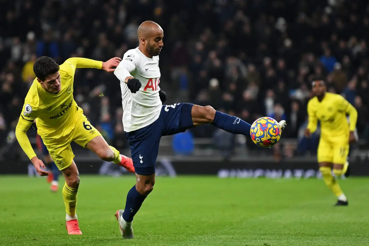 Tottenham Hotspur's Lucas Moura vies for the ball against Brentford's Christian Norgaard. (Photo by DANIEL LEAL/AFP via Getty Images)