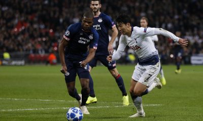 PSV Eindhoven's Dutch defender Denzel Dumfries (L) vies with Tottenham Hotspur's South Korean striker Son Heung-Min during the UEFA Champions League group B football match between Tottenham Hotspur and PSV Eindhoven at Wembley Stadium in London, on November 6, 2018. (Photo by Ian KINGTON / IKIMAGES / AFP) (Photo credit should read IAN KINGTON/AFP via Getty Images)