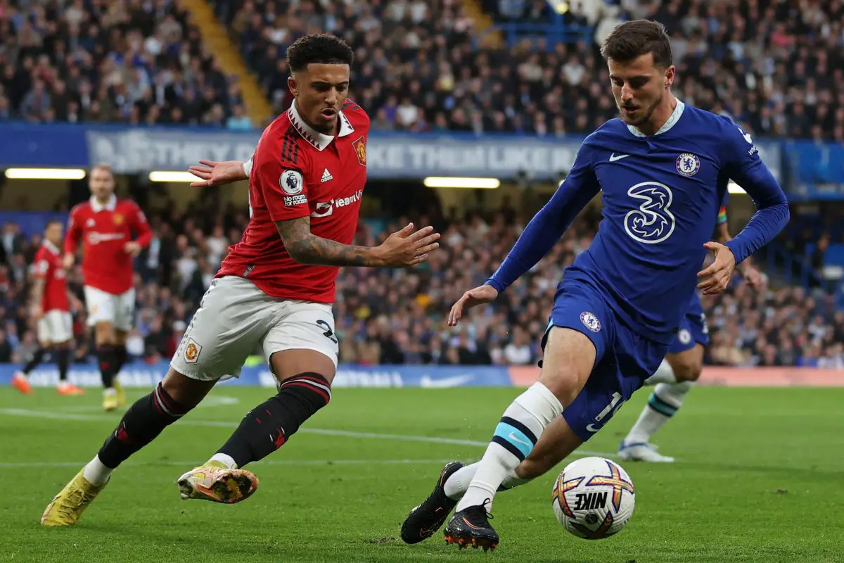 Chelsea's English midfielder Mason Mount vies with Manchester United's English striker Jadon Sancho.