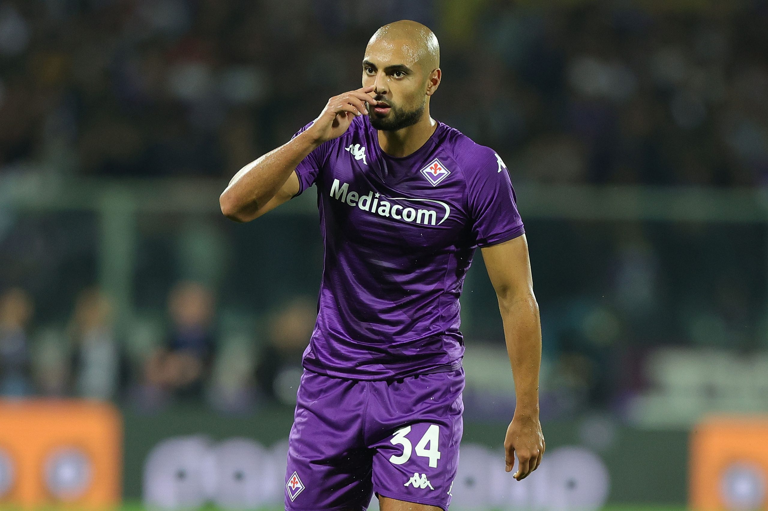 Sofyan Amrabat of ACF Fiorentina reacts during the Serie A match between ACF Fiorentina and SS Lazio at Stadio Artemio Franchi on October 10, 2022 in Florence, Italy.