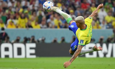 Richarlison of Brazil scores their team's second goal during the FIFA World Cup Qatar 2022 Group G match between Brazil and Serbia at Lusail Stadium on November 24, 2022 in Lusail City, Qatar