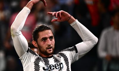 Juventus' French midfielder Adrien Rabiot celebrates scoring his team's first goal during the UEFA Champions League 1st round day 3 group H football match between Juventus Turin and Maccabi Haifa, at the Juventus stadium in Turin on October 5, 2022.