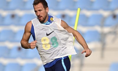 England's forward Harry Kane takes part in a training session at the Al Wakrah SC Stadium in Al Wakrah, south of Doha, on December 7, 2022, during the Qatar 2022 World Cup football tournament. - England and France will meet in one of the Qatar 2022 World Cup quarter-finals on December 10
