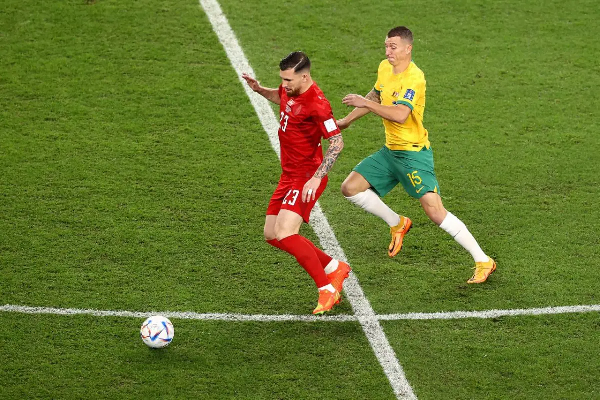 Pierre-Emile Hojbjerg in action for Denmark against Australia. (Photo by Robert Cianflone/Getty Images)