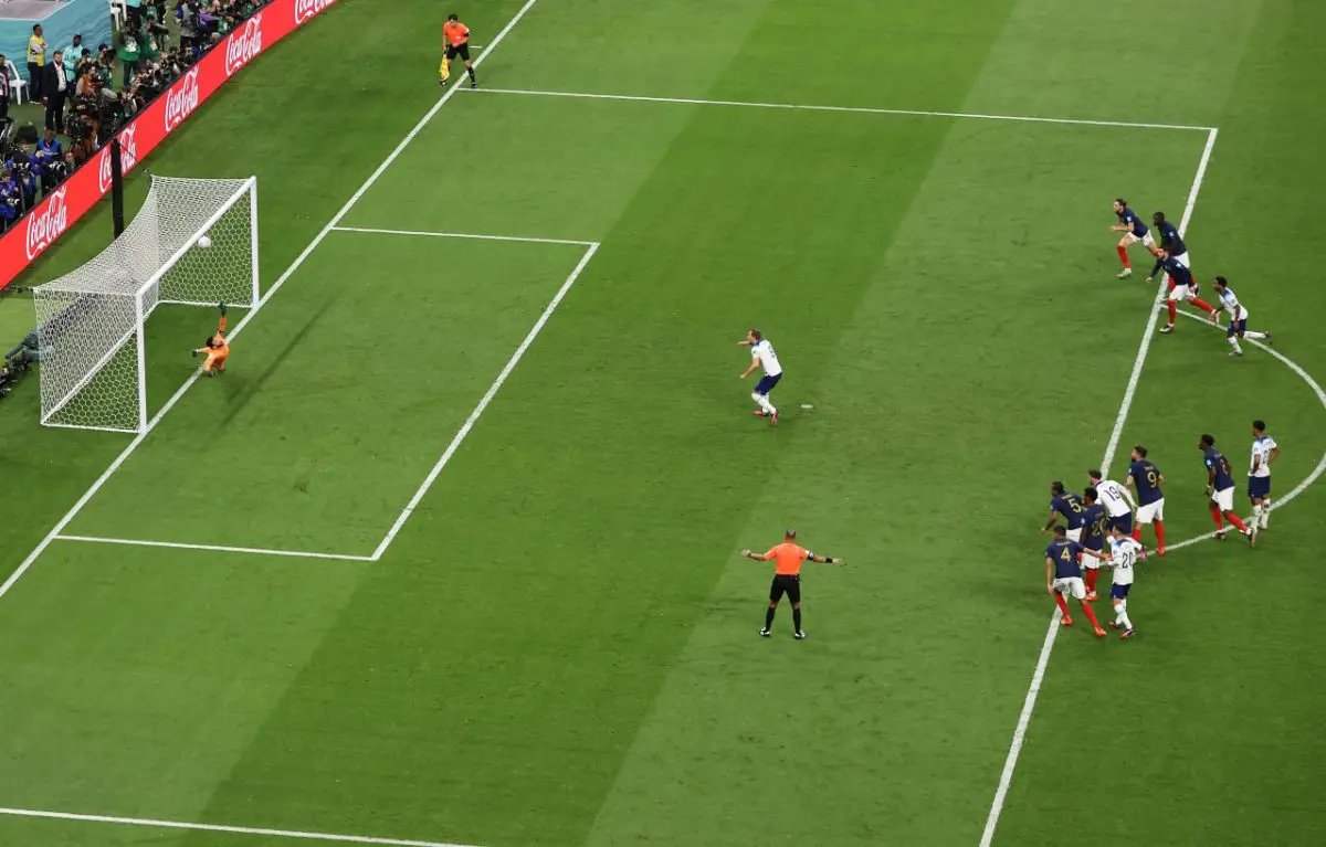 Harry Kane misses his penalty for England against France in the quarter-finals of the FIFA World Cup. (Photo by Clive Brunskill/Getty Images)