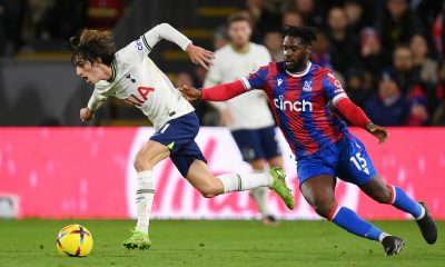 Bryan Gil of Tottenham Hotspur runs with the ball from Jeffrey Schlupp of Crystal Palace during the Premier League match between Crystal Palace and Tottenham Hotspur at Selhurst Park on January 04, 2023 in London, England. (Photo by Mike Hewitt/Getty Images)