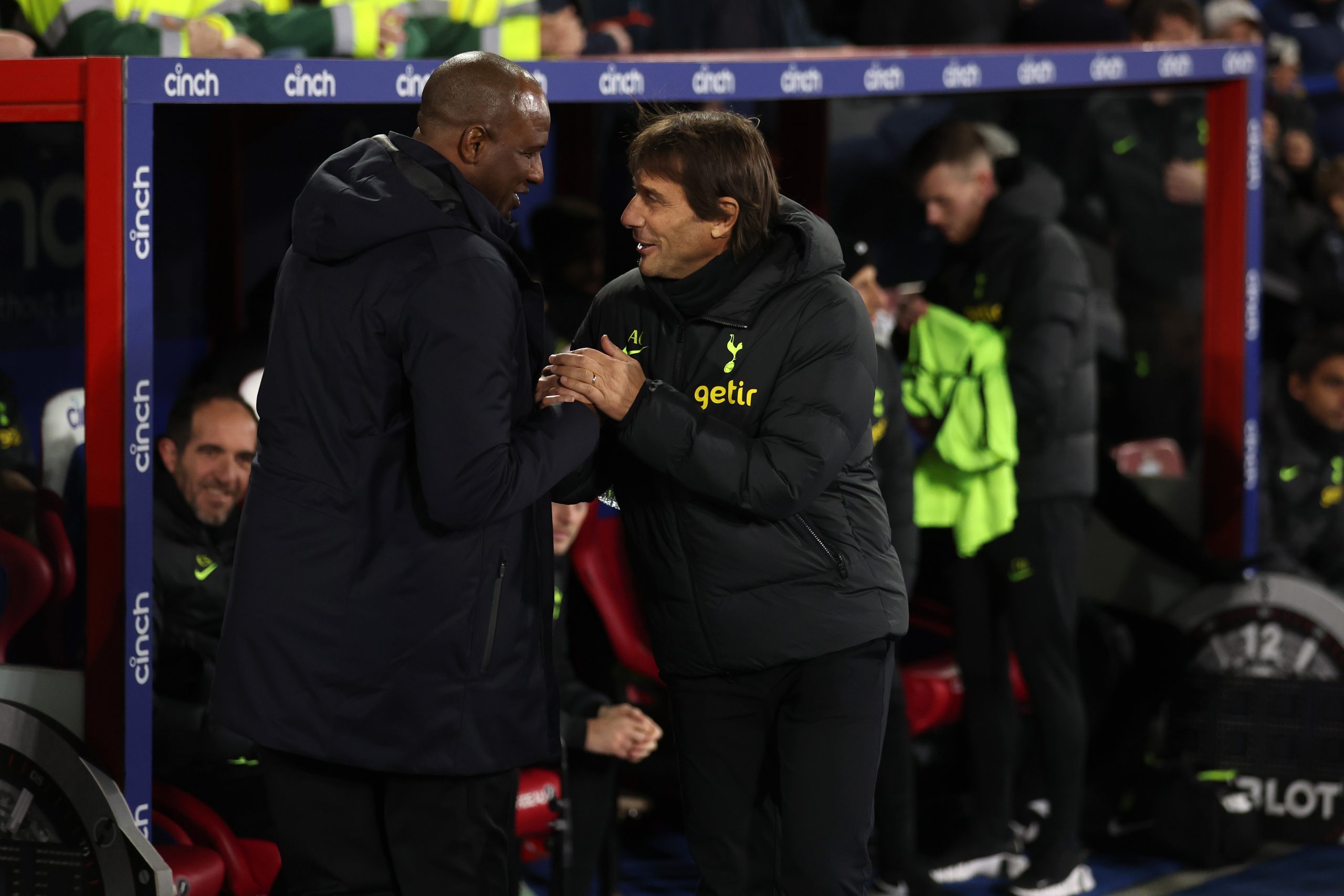 Patrick Vieira, Manager of Crystal Palace, speaks to Antonio Conte, Manager of Tottenham Hotspur prior to the Premier League match between Crystal Palace and Tottenham Hotspur at Selhurst Park on January 04, 2023 in London, England. (Photo by Warren Little/Getty Images)