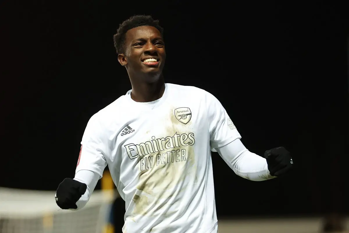 Eddie Nketiah of Arsenal celebrates after scoring against Oxford United. 