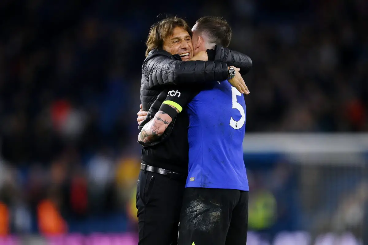 Antonio Conte celebrates with Pierre-Emile Hojbjerg of Tottenham Hotspur after their sides victory during the Premier League match between Brighton & Hove Albion and Tottenham Hotspur at American Express Community Stadium on October 08, 2022 in Brighton, England. (Photo by Mike Hewitt/Getty Images)