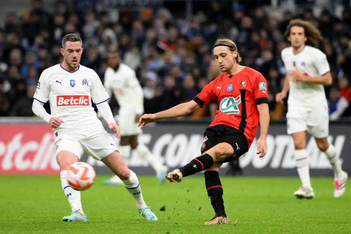 Rennes' Lovro Majer with Olympique de Marseille's Jordan Veretout.