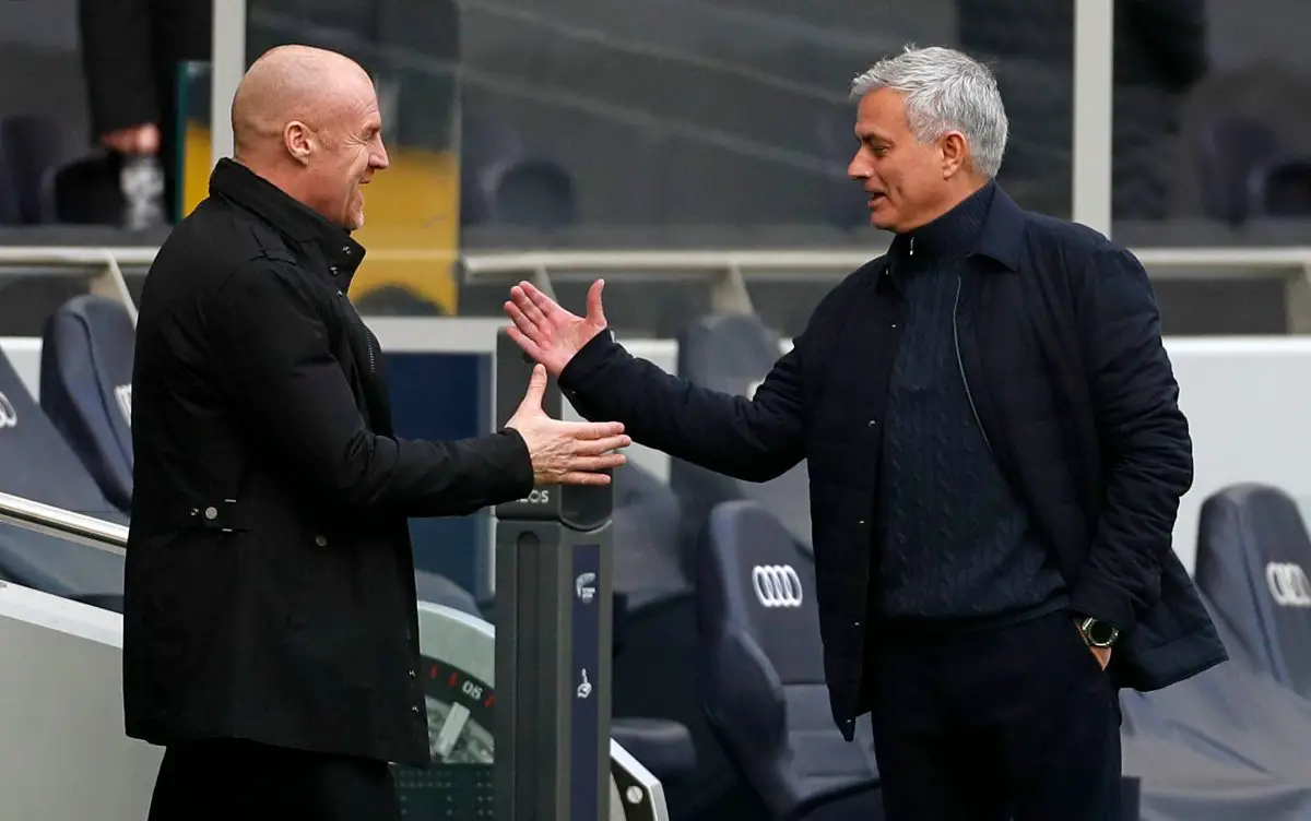 Sean Dyche of Burnley with Jose Mourinho of Tottenham Hotspur. Both of them are no longer managing those two teams. (Photo by MATTHEW CHILDS/POOL/AFP via Getty Images)
