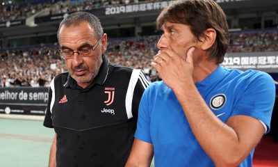 Head coach Maurizio Sarri of Juventus and Head coach Antonio Conte of FC Internazionale talk prior to the International Champions Cup match between Juventus and FC Internazionale at the Nanjing Olympic Center Stadium on July 24, 2019 in Nanjing, China. (Photo by Fred Lee/Getty Images)