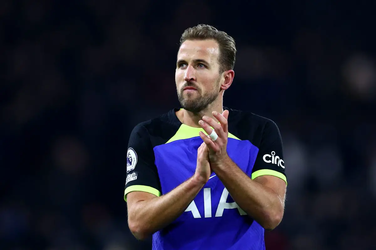 Harry Kane of Tottenham Hotspur applauds the fans after the team's victory during the Premier League match between Fulham FC and Tottenham Hotspur at Craven Cottage on January 23, 2023 in London, England.