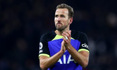 Harry Kane of Tottenham Hotspur applauds the fans after the team's victory during the Premier League match between Fulham FC and Tottenham Hotspur at Craven Cottage on January 23, 2023 in London, England.