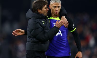 Antonio Conte celebrates with Richarlison after Tottenham Hotspur's victory against Fulham. (Photo by Clive Rose/Getty Images)
