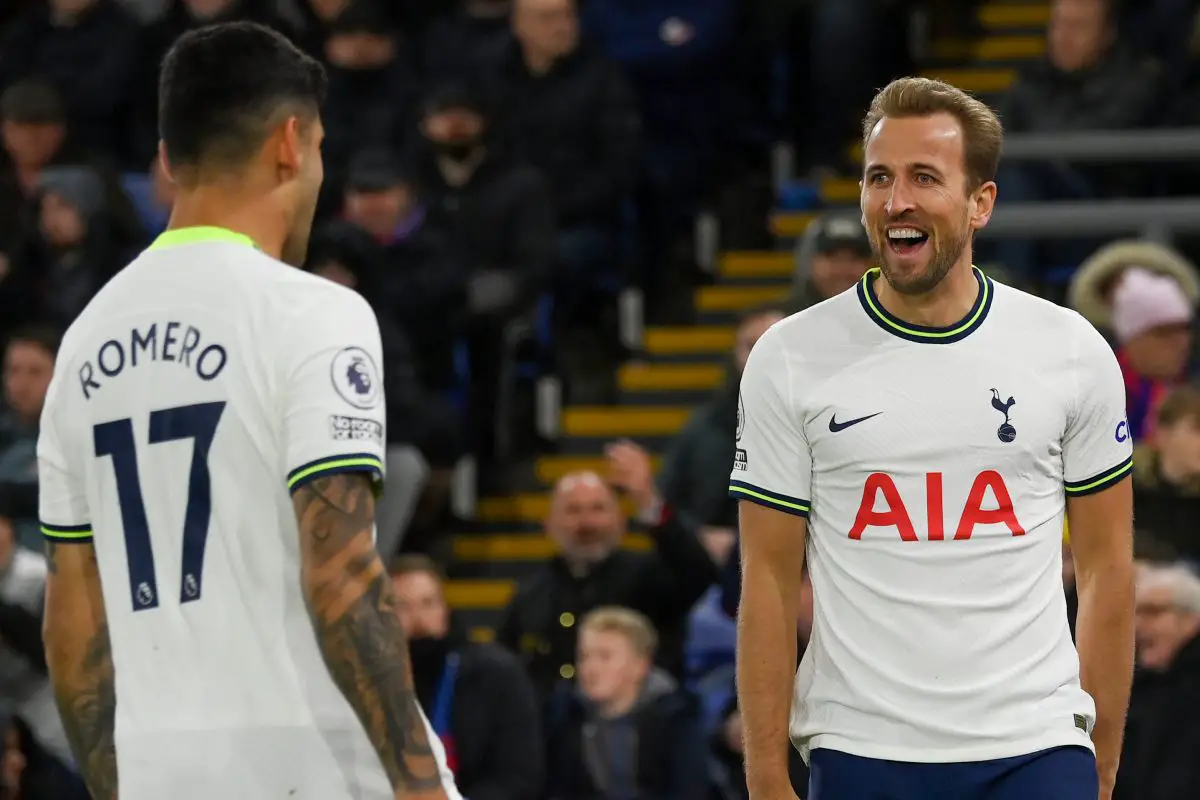 Harry Kane of Tottenham Hotspur celebrates with Cristian Romero after scoring against Crystal Palace. (Photo by Mike Hewitt/Getty Images)