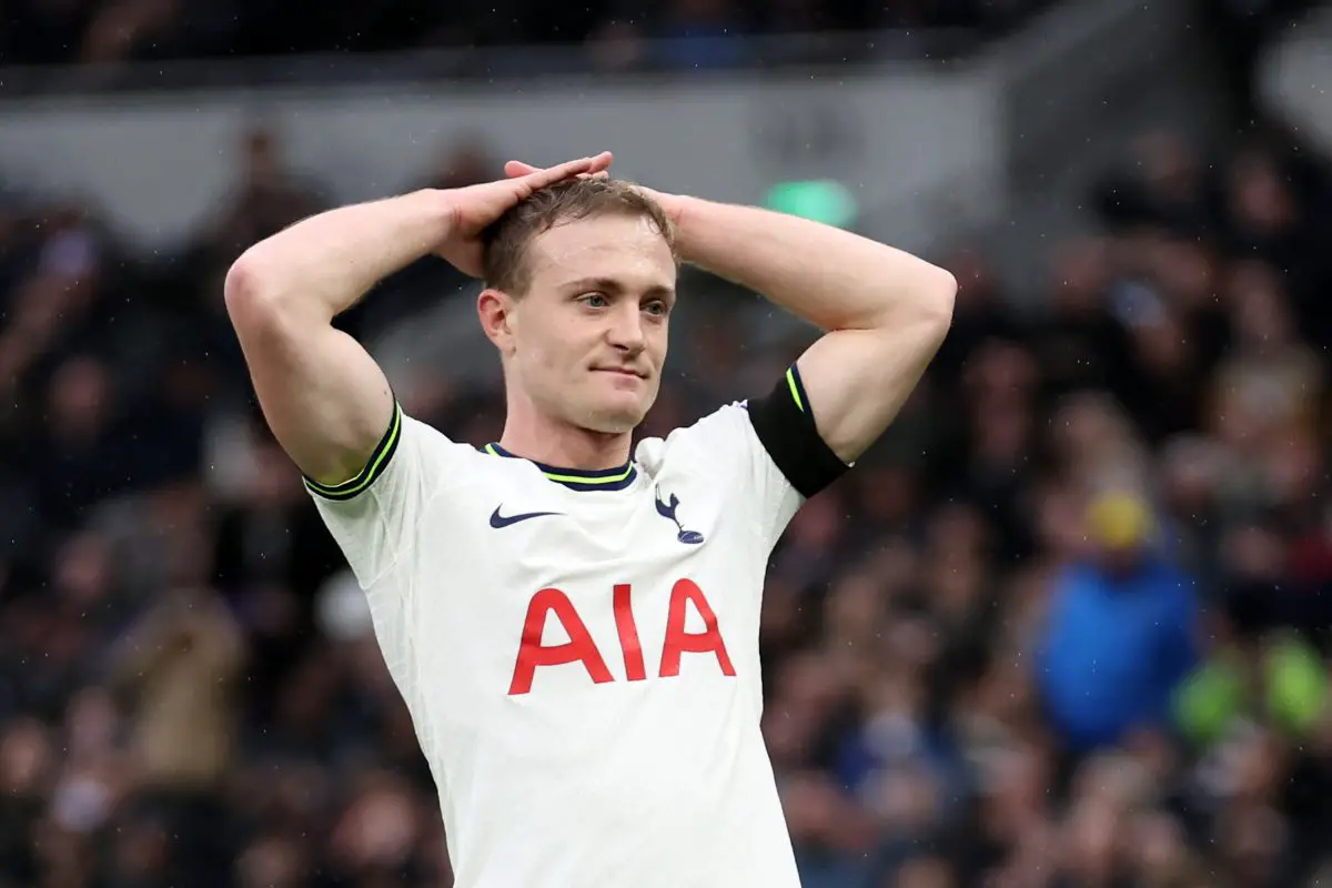 Oliver Skipp of Tottenham Hotspur reacts during the Emirates FA Cup Third Round match  against Portsmouth FC. (Photo by Julian Finney/Getty Images)