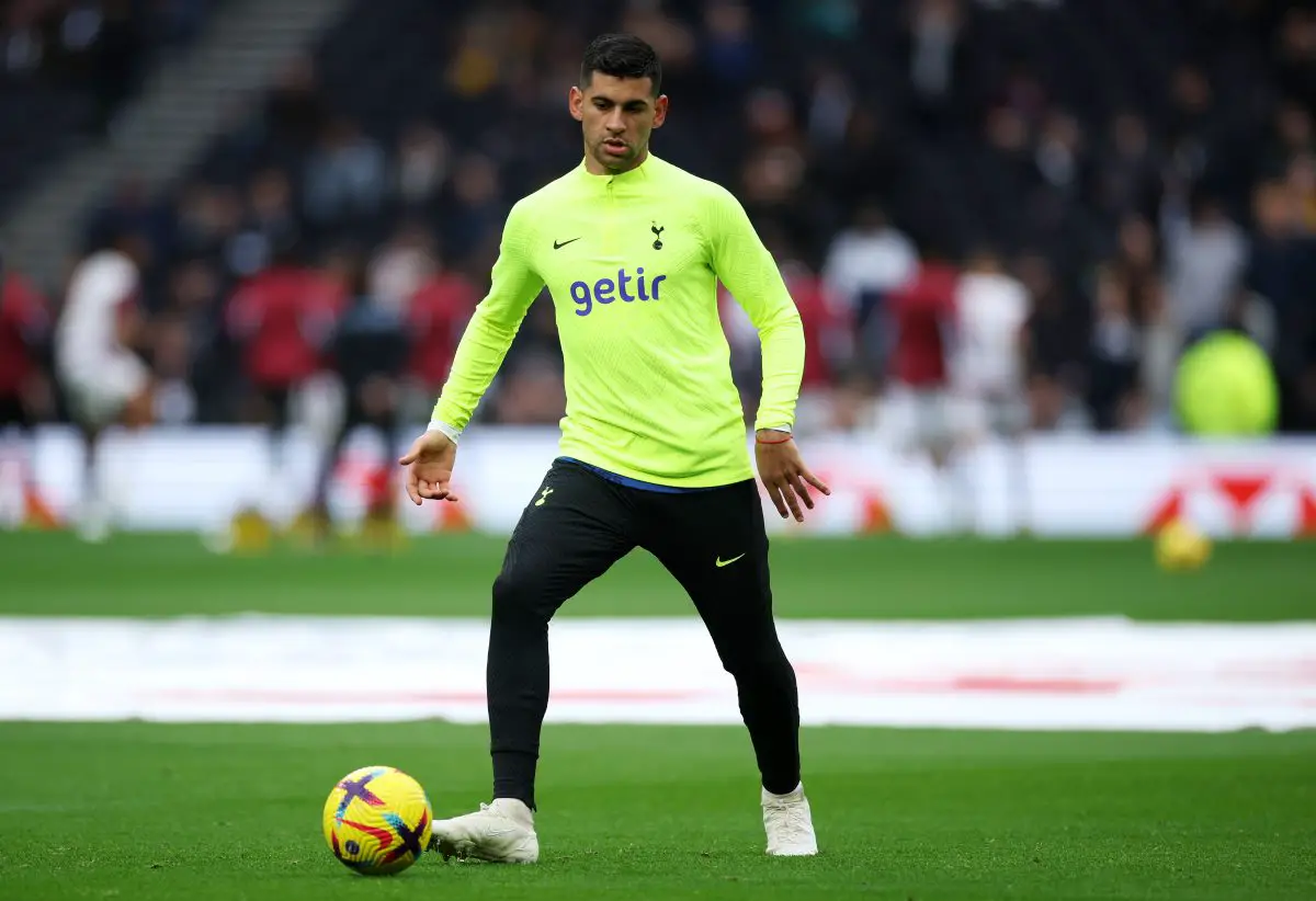 Cristian Romero of Tottenham Hotspur warms up prior to the Premier League match between Tottenham Hotspur and Aston Villa at Tottenham Hotspur Stadium on January 01, 2023 in London, England. (Photo by Eddie Keogh/Getty Images)