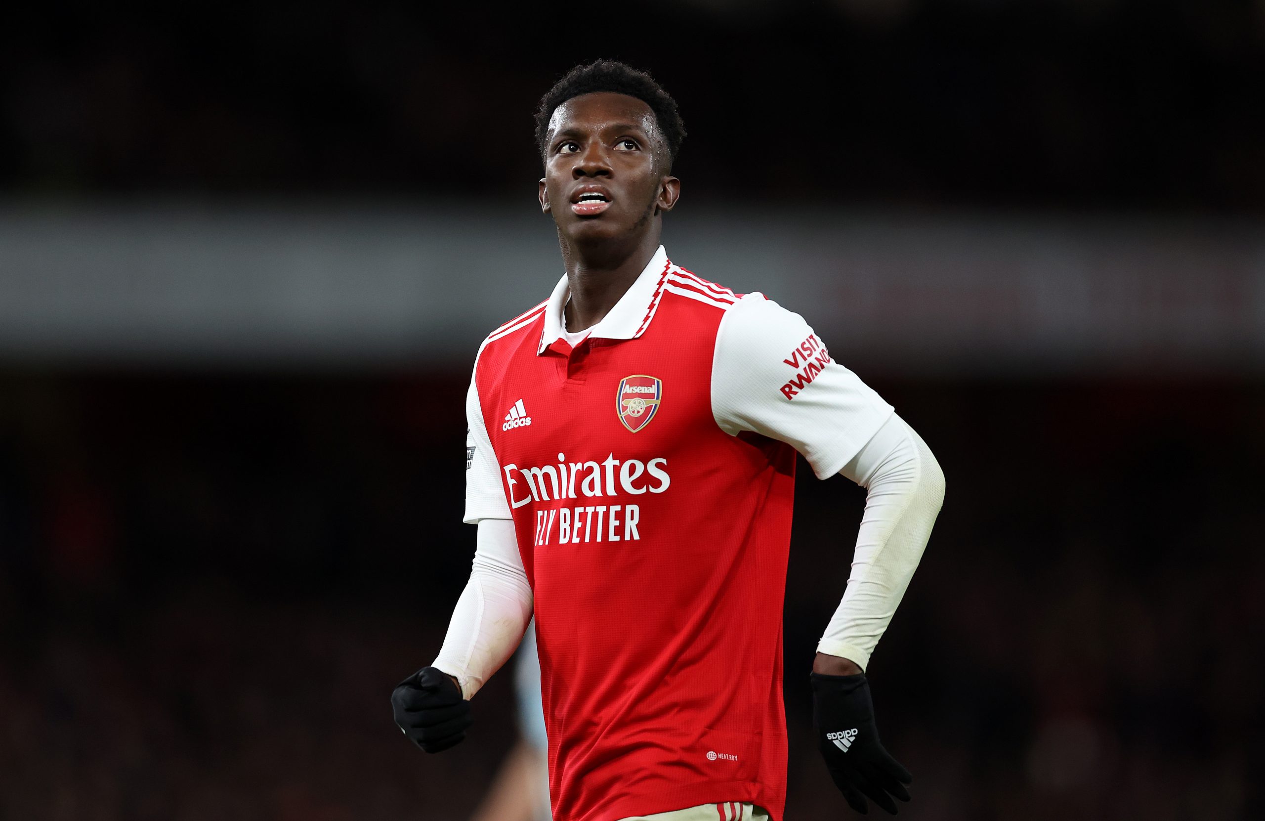 Eddie Nketiah of Arsenal looks on during the Premier League match between Arsenal FC and Newcastle United at Emirates Stadium on January 03, 2023 in London, England. (Photo by Julian Finney/Getty Images)