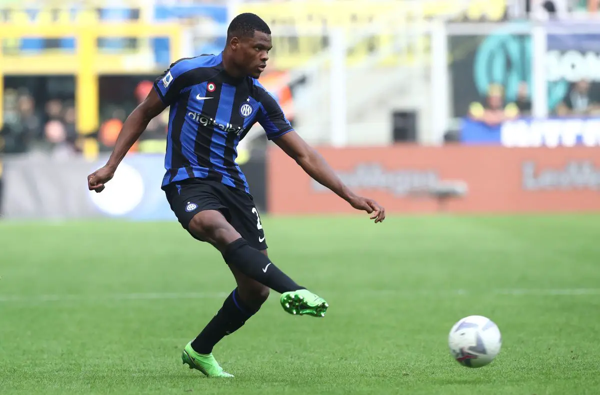 Denzel Dumfries of Inter Milan in action. (Photo by Marco Luzzani/Getty Images)