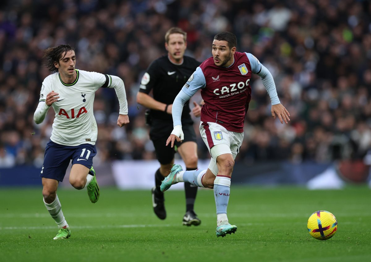 Emi Buendia of Aston Villa  and Bryan Gil of Tottenham Hotspur during a Premier League match. 