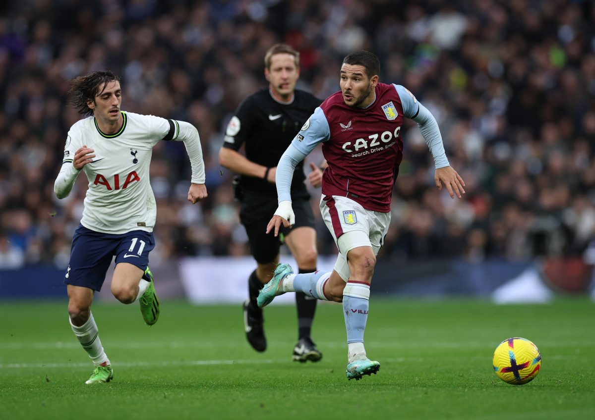 Emi Buendia of Aston Villa and Bryan Gil of Tottenham Hotspur during a Premier League match.