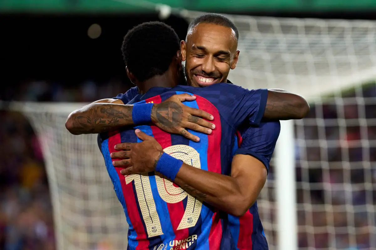 Pierre-Emerick Aubameyang of FC Barcelona celebrates with Franck Kessie - August 2022. 