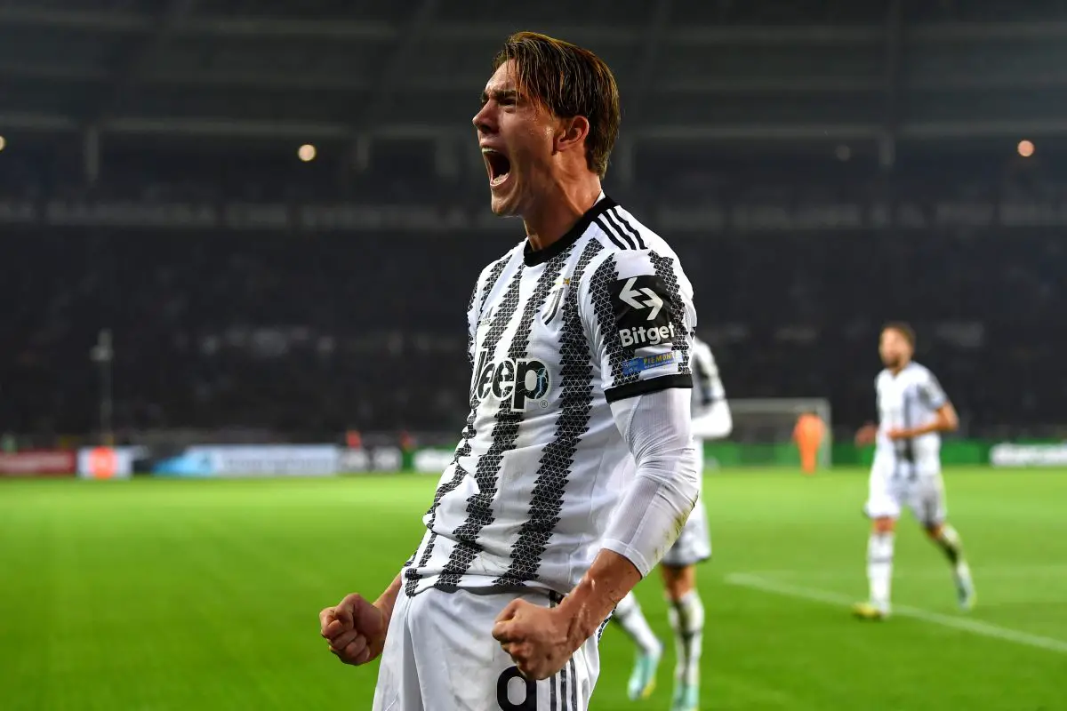 Dusan Vlahovic of Juventus celebrates after scoring against Torino.
