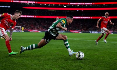 Benfica's Spanish midfielder Alex Grimaldo (L) vies with Sporting's Spanish midfielder Pedro Porro during the Portuguese League football match between SL Benfica and Sporting CP at the Luz stadium in Lisbon on January 15, 2023.