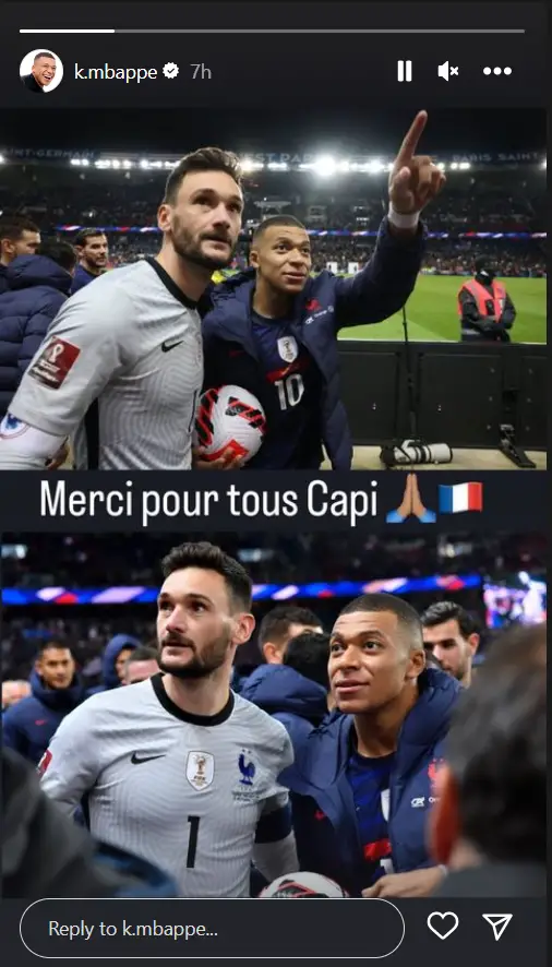 Kylian Mbappe's message for France legend and Tottenham Hotspur goalkeeper Hugo Lloris. (Instagram: k.mbappe)
