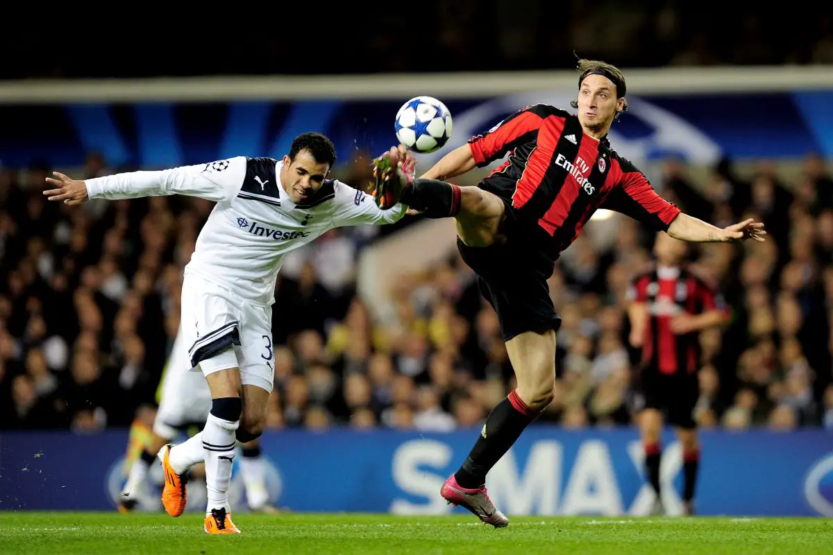 Sandro clashes with Zlatan Ibrahimovic during the UEFA Champions League round of 16 second leg match between Tottenham Hotspur and AC Milan in March 2011. 