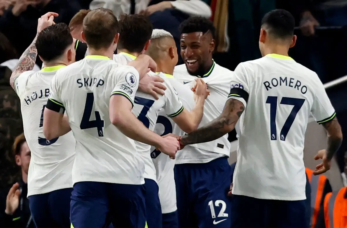 Tottenham Hotspur's Emerson Royal celebrates scoring against West Ham United.
