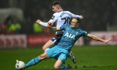 Oliver Skipp of Tottenham Hotspur is challenged by Ben Woodburn of Preston North End.